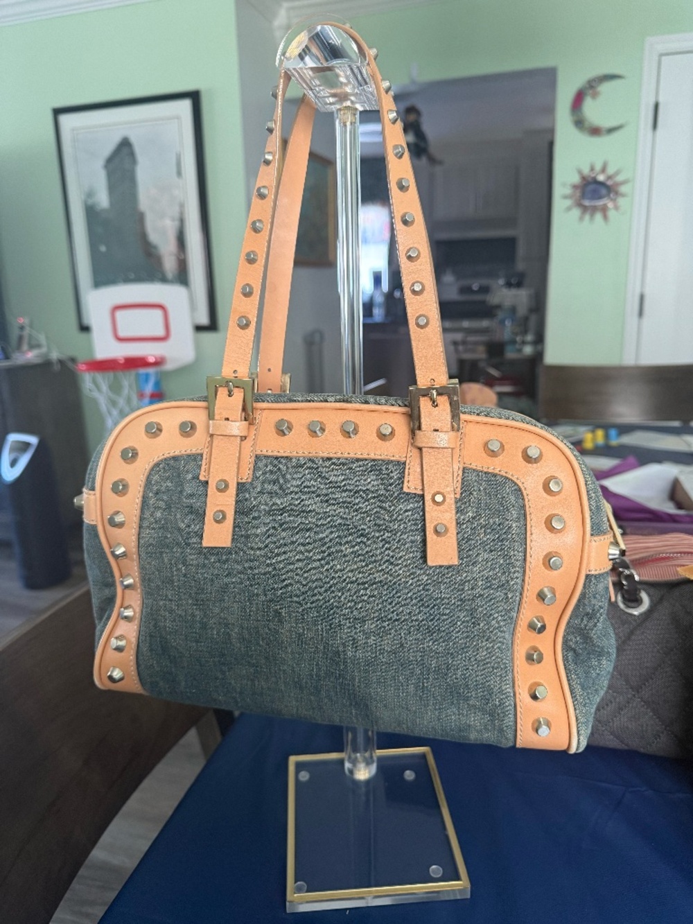 Fendi Denim Studded Shoulder Bag